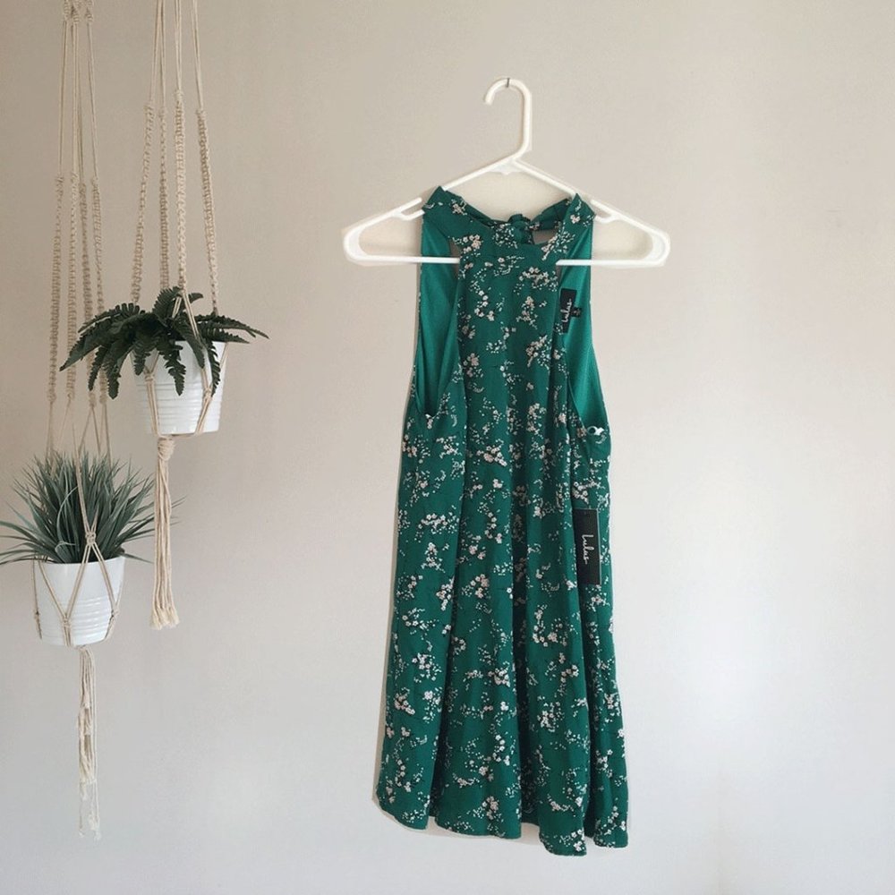 Green floral high neck dress